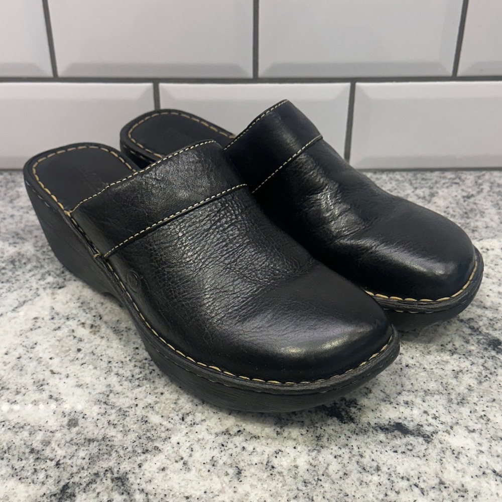 Born Womens 10 Leather Clogs Black Wedge Mules W3634 Comfort Boho Casual